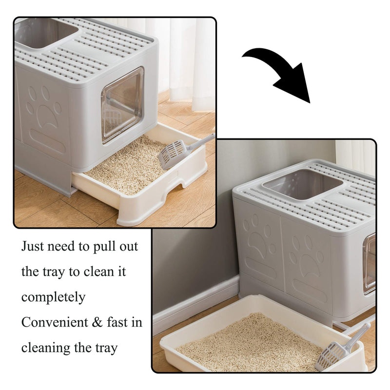 Vealind Foldable Cat Litter Tray Cats Litter Box with Front Entry & Top Exit XXL Extra Large Space Toilet Boxes with Trays, Lid and Pet Litter Shovel (Gray) Gray - PawsPlanet Australia