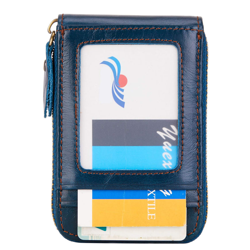 BRASS TACKS Leathercraft Vintage Craft Full Leather Front Pocket Wallet RFID Blocker Wallet Multi Card Slots Zipper Men Women Shipped with Box M Navy Blue - PawsPlanet Australia