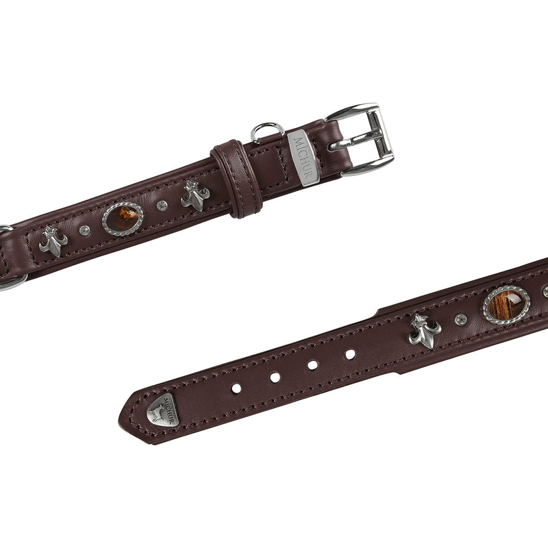 MICHUR Mateo dog collar leather, dog leather collar, collar, brown, LEATHER, with lilies, rhinestones and brown marbled stones Neck circumference 10,24-12,20" - PawsPlanet Australia