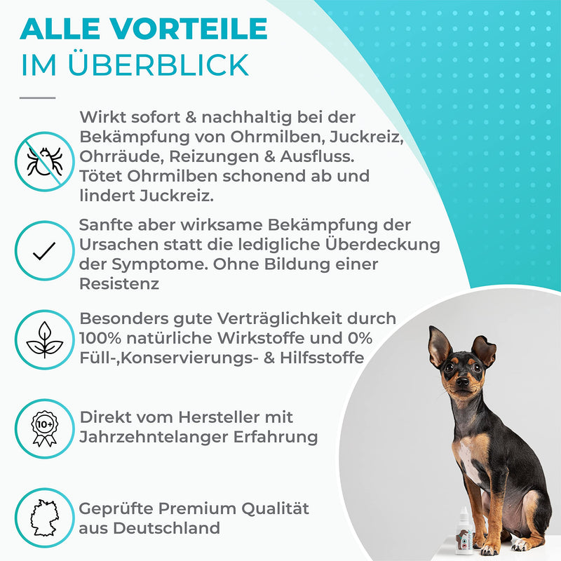 DOGPFLEGE24 Ear mite oil for dogs and cats - 100% natural immediate effect on ear mites, inflammation, ear mange, itching and discharge - ear drops for dogs against mites 50ml - PawsPlanet Australia