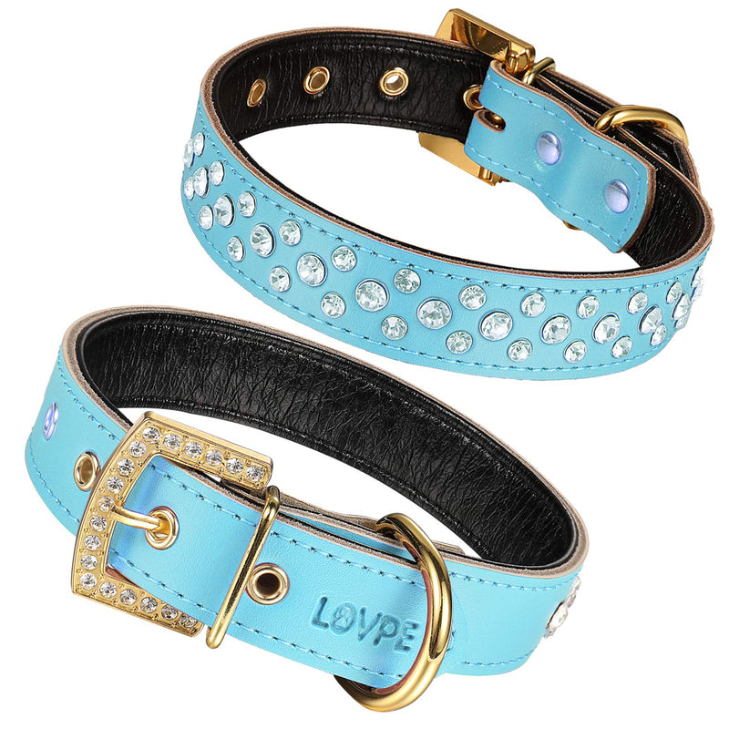 LOVPE Golden Rhinestone Buckle with 3 Rows Personalized Rhinestone Leather Bling Crystal Dog Collar for Dogs Small Medium Breeds (M, Blue) M - PawsPlanet Australia