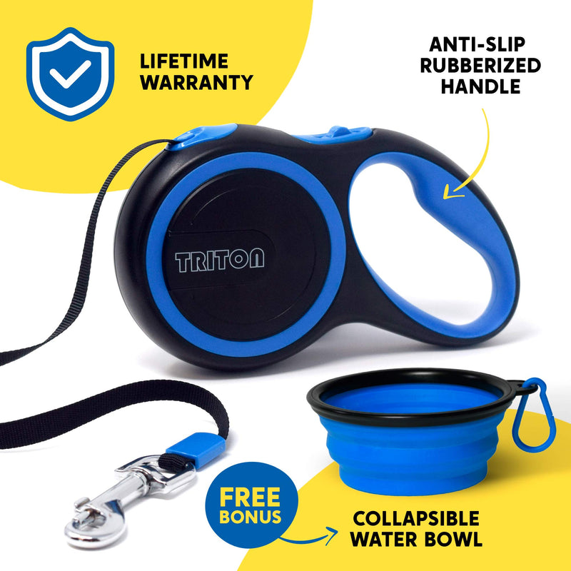 [Australia] - Triton Retractable Dog Leash - 16 ft Reinforced Nylon Ribbon with Collapsible Water Bowl, One Touch Locking System, Tangle-Free, Anti-Slip Rubberized Handle 