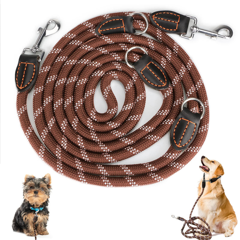 Dog leash for large and medium dogs - Adjustable double nylon leash with 2 snap hooks and 3 rings - 3m x 15mm - Brown - PawsPlanet Australia