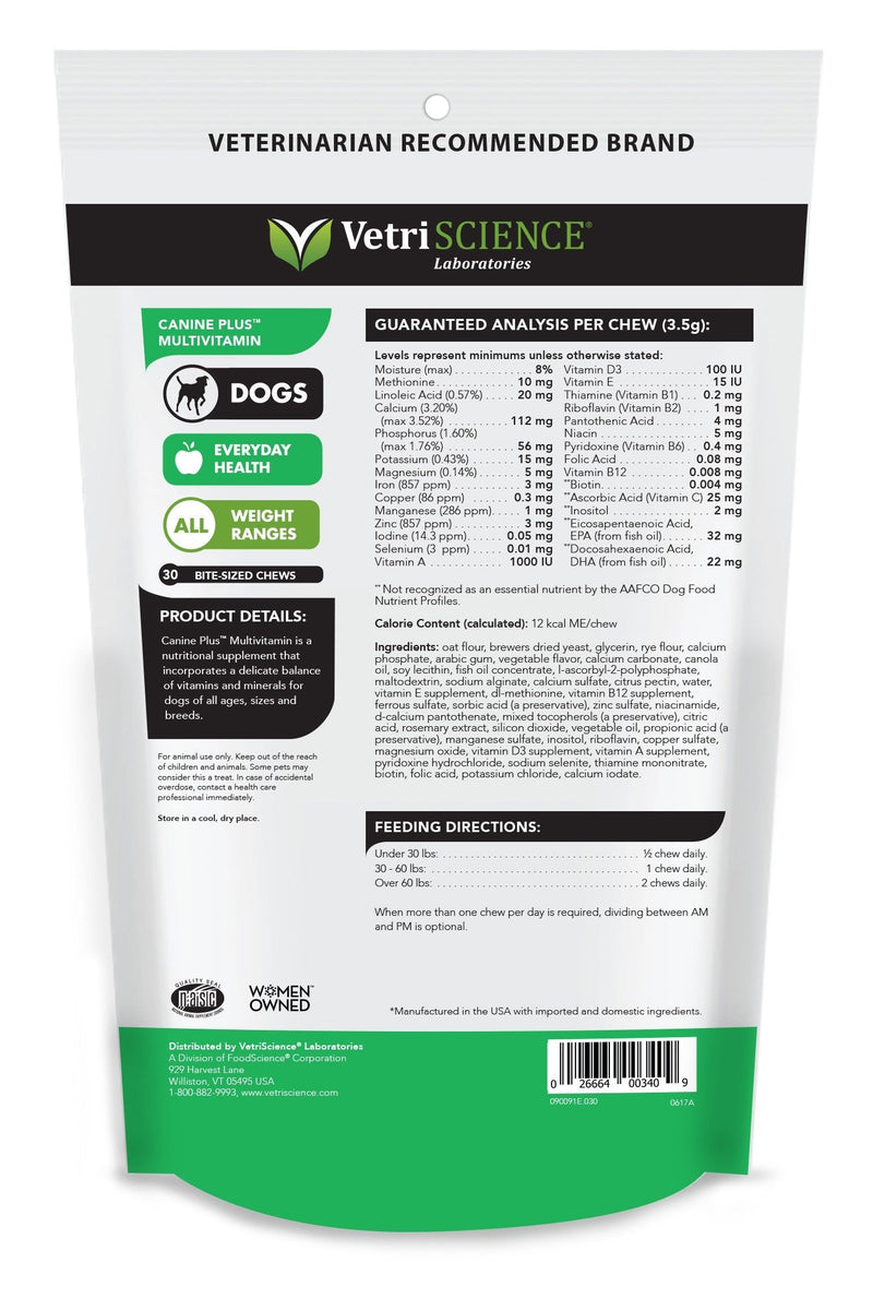 VetriScience Canine Plus MultiVitamin for Dogs - Vet Recommended Vitamin Supplement - Supports Mood, Skin, Coat, Liver Function 30 Chews - PawsPlanet Australia