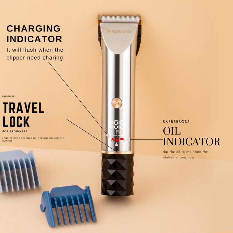 BarberBoss QR-9081 Low Noise Pet Grooming Kit with 2 Speed Settings, Ceramic Blades, USB Charging, LED Display and 8 Comb Attachments - PawsPlanet Australia