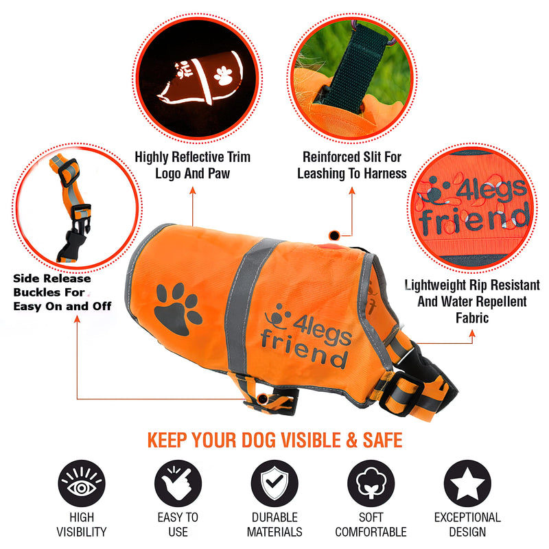 Orange Dog Safety Reflective lightweight vest with Leash Hole 5 Sizes - Snap Lock Buckle straps, High Visibility for Outdoor Activity Day and Night, Keep your dog Safe from Cars & Hunting Accidents Orange X-Small - PawsPlanet Australia