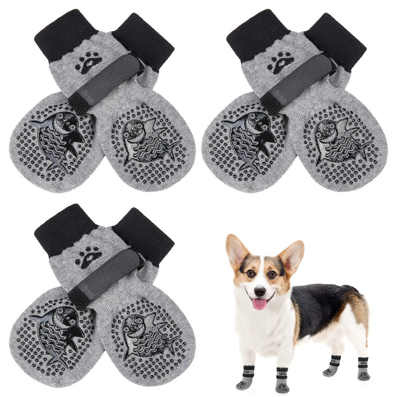 SCENEREAL Double Side Anti-Slip Dog Socks with Adjustable Straps, Non-Slip Dogs Sock for Hardwood Floors to Stop Licking Paws, Slipping, Paw Protectors for Small Medium Large Dogs Dark Grey Owl XS(Pack of 6) - PawsPlanet Australia