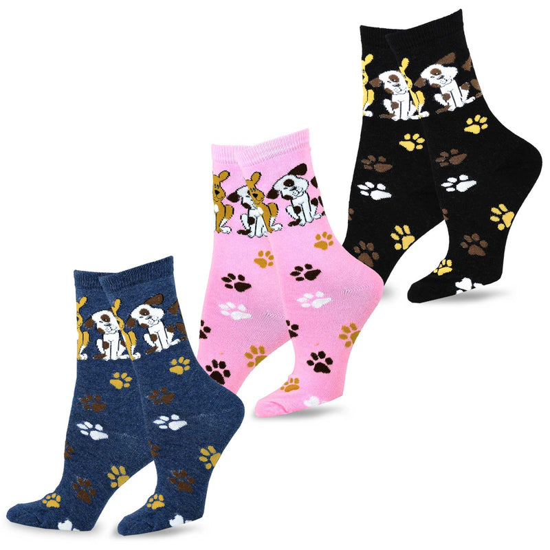 [Australia] - TeeHee Women's Fun Dogs Kitty Cotton Crew Socks 9-11 Doggies and Foot Prints_3pair 