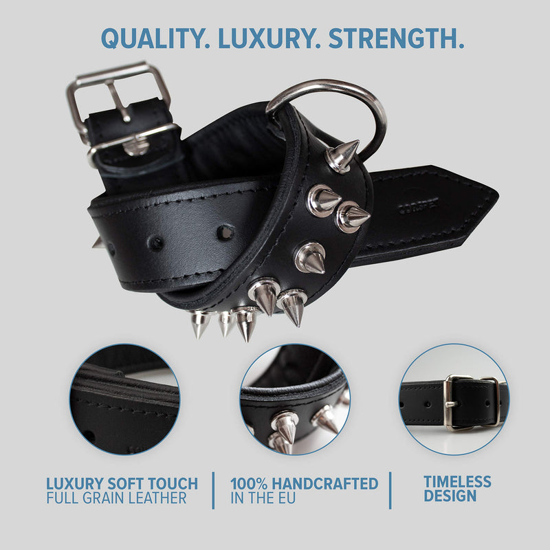 [Australia] - Corspet Full Grain Nappa Leather Dog Collar - Spiked Dog Collar with Silver Nickel Plated Hardware - Handmade in The EU - Luxury Soft Touch Full Grain Leather - Heavy Duty Studded Pet Collar Medium Black 