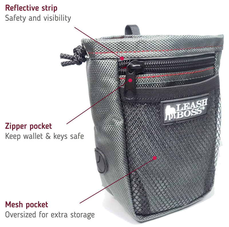 [Australia] - Leashboss Dog Treat Pouch for Training with Poop Bag Dispenser, Waist Attachment or Belt Loop Grey/Red/Black Standard 