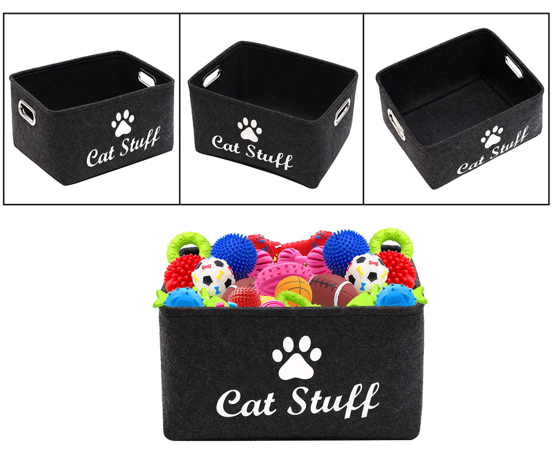 Geyecete Dog Apparel & Accessories/Dog Toys/Pet Supplies Storage Basket/Bin with Handles, Collapsible & Convenient Storage Solution for Office, Bedroom, Closet, Toys, Laundry "Cat Stuff" Dark Grey - PawsPlanet Australia