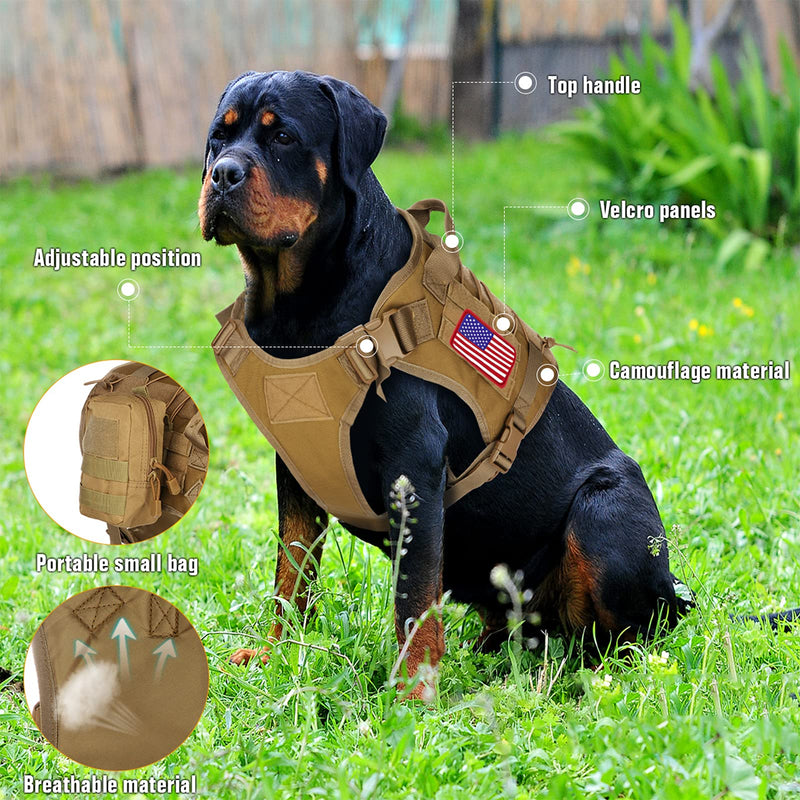 Pruk Tactical Dog Harness Set, K9 Dog Harness Military Dog Vest Collar Leash with Molle Pouch and Patch, No Pull Tactical Dog Vest for Large Dog, Service Dog Harness for Training Hiking(Khaki, M) Khaki M(Neck: 19"-29", Bust: 19"-27") - PawsPlanet Australia