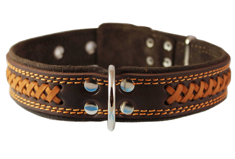 [Australia] - Genuine Leather Braided Dog Collar, Brown 1.5" Wide. Fits 17"-22" Neck. 