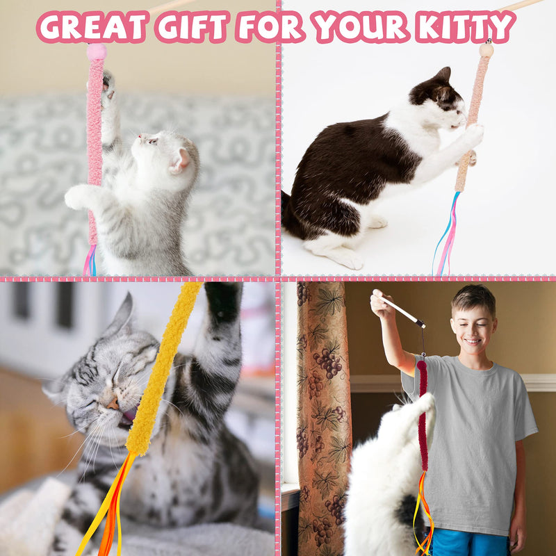 JXFUKAL 4PCS Cat Wand Toys, Interactive Cat Toys with Worm Design, Colorful Ribbons & Bell for Kitty Kitten, Cat Toys for Indoor Cats Cat Teaser Cat String Toy Cat Accessories - PawsPlanet Australia