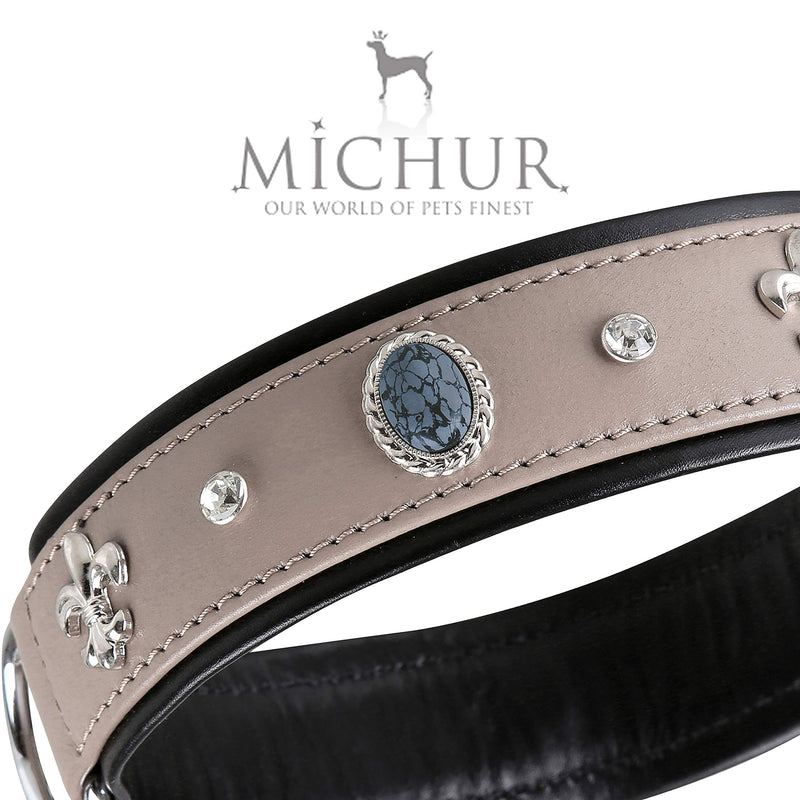 MICHUR Rodrigo dog collar leather, dog leather collar, collar, taupe, gray-black, LEATHER, with lilies, rhinestones and gray marbled stones Neck circumference 20,47-22,83" - PawsPlanet Australia