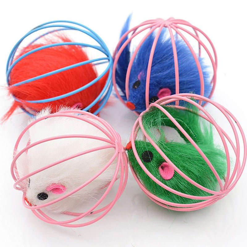 Cats Plastic Colorful Cage Ball with Toy Mouse and Bell, Interactive Tease Toy. Assorted Co lours, Pack of 3, Size 6.5cm,wt 60 gm, Material Plastic. - PawsPlanet Australia