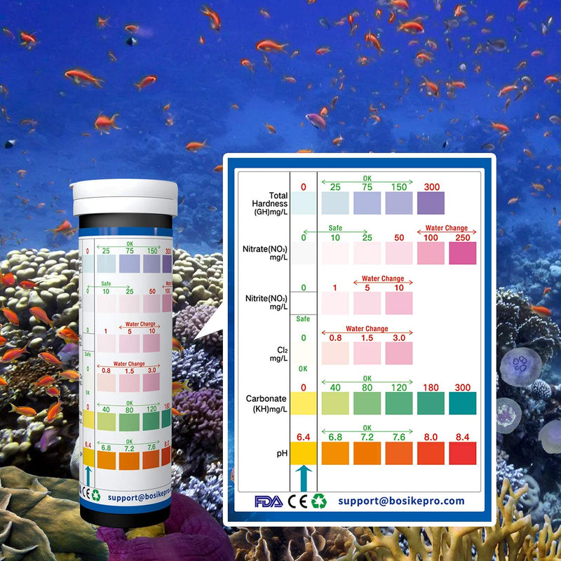 BOSIKE Aquarium Test Strips with Thermometer, 6 in 1 Fish Tank Test Strips Freshwater Saltwater Pond Test kit for Testing Cl2 pH NO2 NO3 GH KH,Temperature Professional Fast Testing 50PCS - PawsPlanet Australia