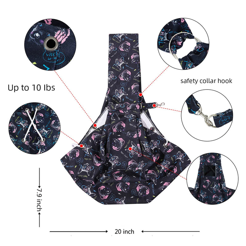 Hooome Dog Sling Carrier Waterproof Flax Printed Hand Free Adjustable Puppy Satchel Carrier Bag Papoose Crossbody for Small Dogs Cats (Nine Color) Black - PawsPlanet Australia