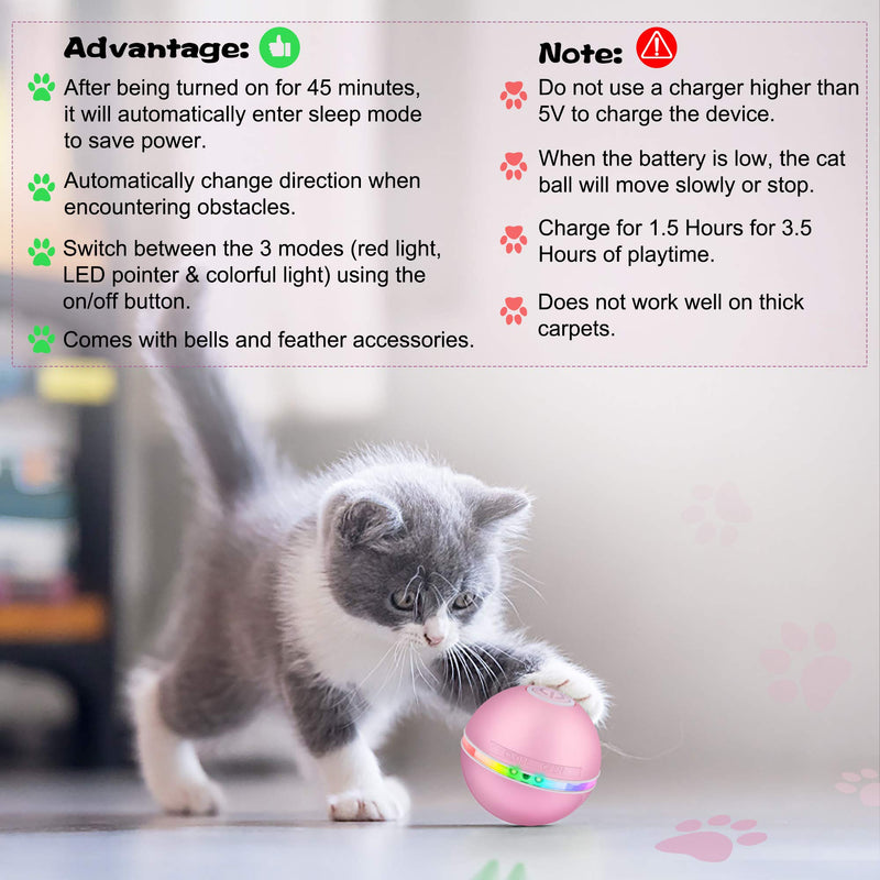 DazSpirit Toy Balls for Cats Interactive Cat Toys Balls for Indoor Cats, Electric Cat Chase Toy, Interactives Cat Ball Toy with Led Light, Automatic 360-Degree Rotating, USB Rechargeable, 3 Modes Pink - PawsPlanet Australia