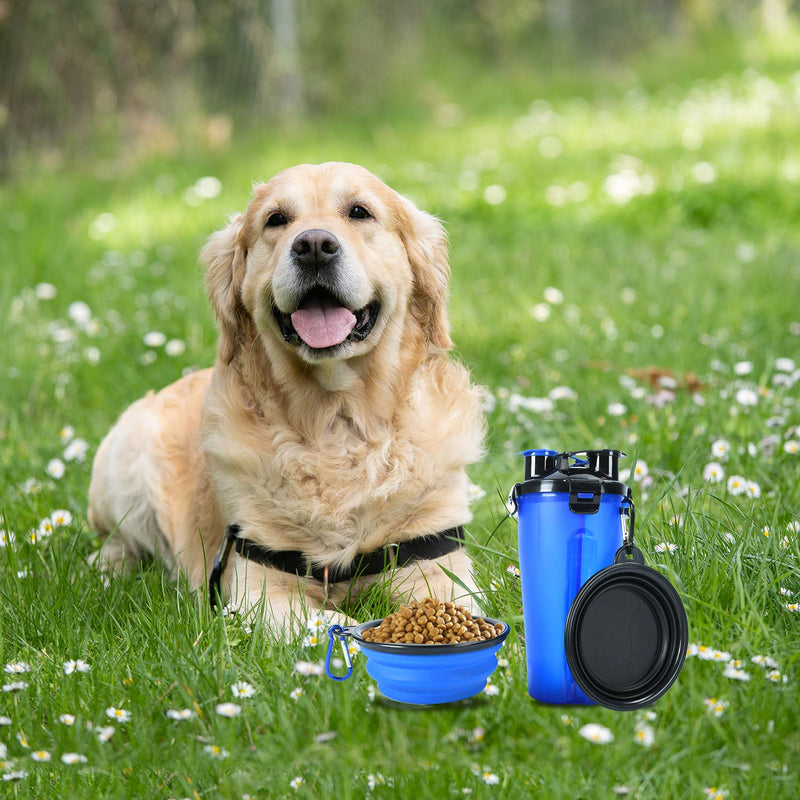 KATELUO Portable Travel Water Bottle and Food Container, Dog Travel Water Bottle with 2 Collapsible Bowls, Pet Water Bottle for Walking, Hiking, Travelling, Suitable for Dogs, Cats, Pets (Blue) Blue - PawsPlanet Australia