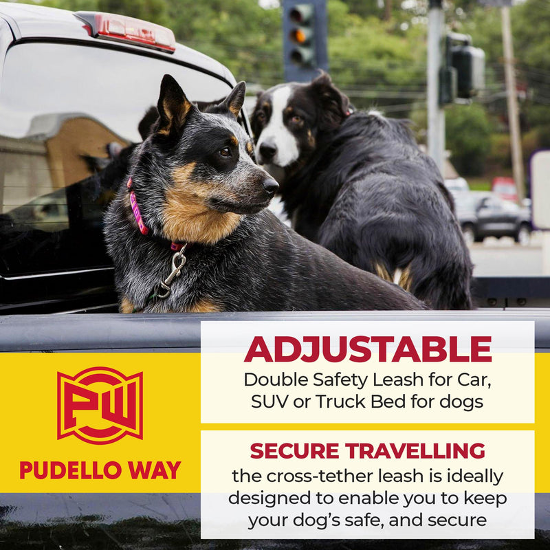 Pudello Way Two Dog Truck Bed Cross Tether - Canine Tie Down System - Adjustable Double Safety Leash for Car, SUV or Truck Bed for Dogs - Includes Pair of Pet Grooming Gloves - PawsPlanet Australia