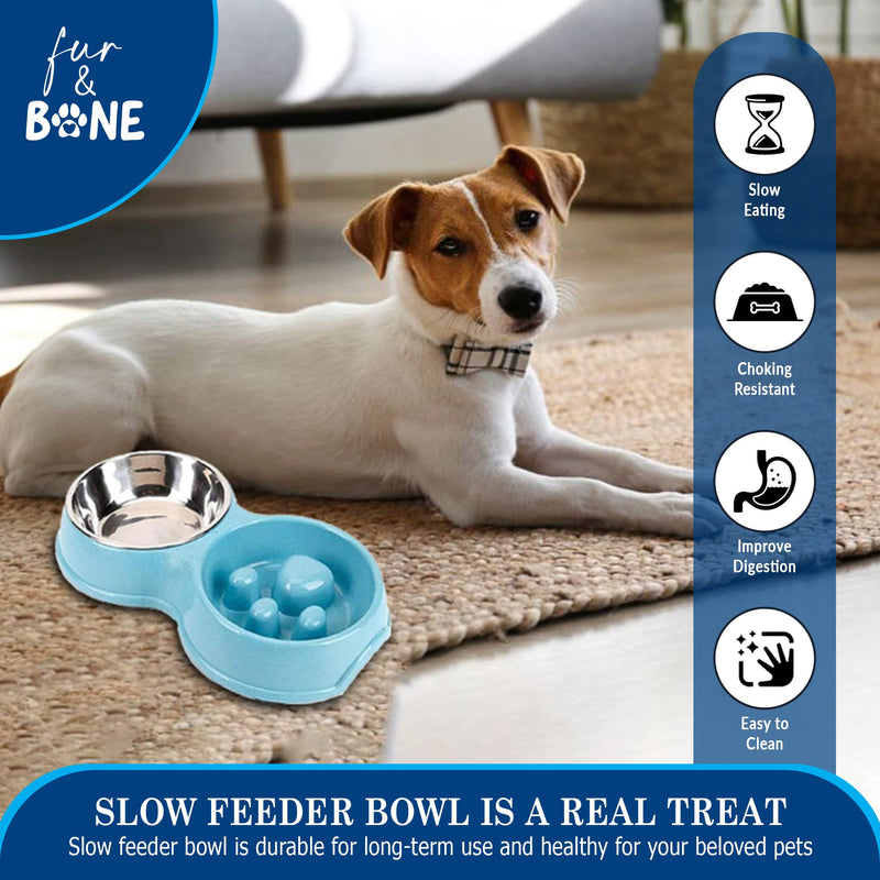 Fur & Bone Double Slow Feeder Dog Bowl for Cat Dog and Puppy - Interactive Feeder Slow Down Feed Pets Twin Feeding Bowl with Stainless Steel Detachable Dish and Non-Slip Bottom (Blue) Blue - PawsPlanet Australia