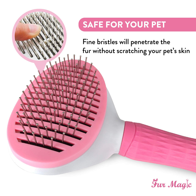 Fur Magic Self-Cleaning Grooming Brush, Slicker Brush for Dogs and Cats with Short Medium and Long Hair, Deshedding Tool Removes Mats and Tangles, Pink - PawsPlanet Australia