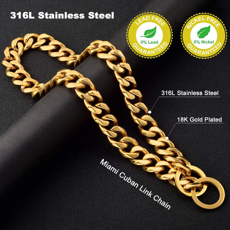 [Australia] - W&W Lifetime Custom Ultra Strong 19MM 14K Gold Plated Slip Chain Dog Collar - for Pit Bull Mastiff Bulldog Big Breeds O Clasp 18" Collar 