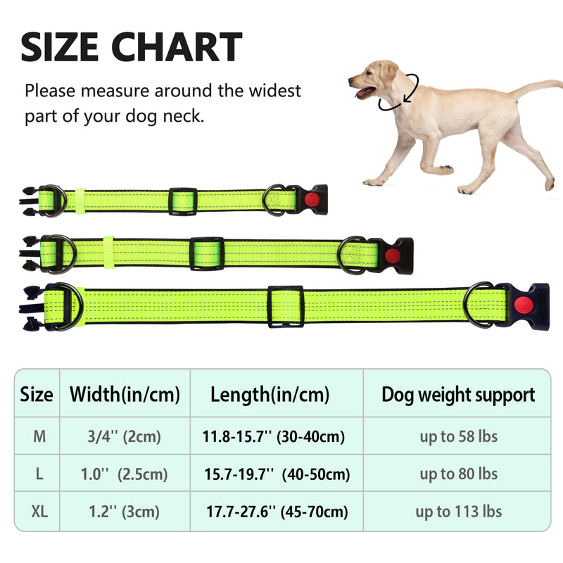 Reflective Dog Collar with Safety Locking Buckle，Heavy Duty Adjustable Thick Collar for Medium Large Dogs-Premium Nylon and Soft Padded (M, 11.8-15.7'') Medium/11.8-15.7'' Bright Green - PawsPlanet Australia