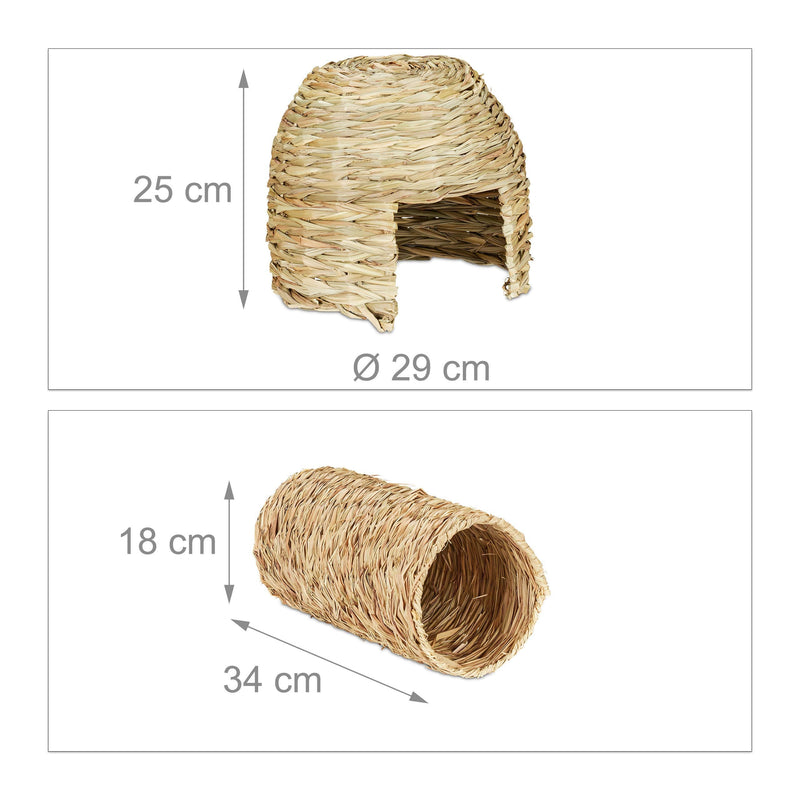 Relaxdays small animal accessories, 2 pieces. Set, grass house & tunnel, cage accessories rodents, guinea pigs, dwarf rabbits, nature - PawsPlanet Australia