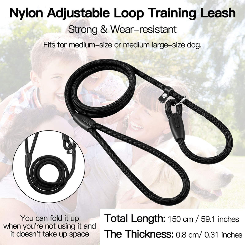 Frienda Dog Rope Lead Nylon Adjustable Loop Training Pet Leash Rope Collar Slip Lead for Walking Training Pets 1.5 m (Black) Black - PawsPlanet Australia