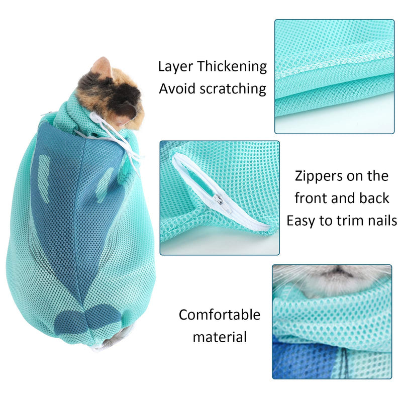 PETTOM Cat Grooming Bag Blue Adjustable Kitten Bath Bag Durable Anti-Scratch Restraint Pet Shower Net Mesh Bag for Nail Trimming, Blue Dolphin - PawsPlanet Australia