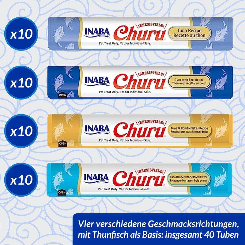 INABA Churu Puree Multipack - 40 tubes in total: 10X tuna, 10X tuna with beef, 10X tuna with bonito flakes and 10X tuna with seafood - PawsPlanet Australia