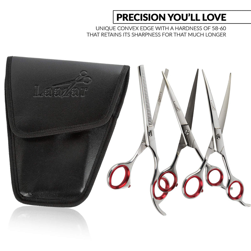 [Australia] - Laazar Cat and Dog Pet Grooming Scissors Kit with Leather Pouch (3-Piece Set) | Includes 7.5” Straight, 7.5” Curved and 7” Thinning Shears | Sharp Groomer Tools for Beginners and Professionals 