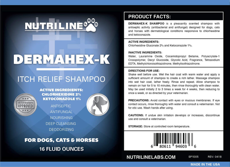 [Australia] - Nutriline Labs Antifungal & Antibacterial Chlorhexidine DermaHex-K Shampoo for Dogs and Cats, Itch Relief Shampoo, Paraben and Sulfate Free, Hypoallergenic, Made in The USA 