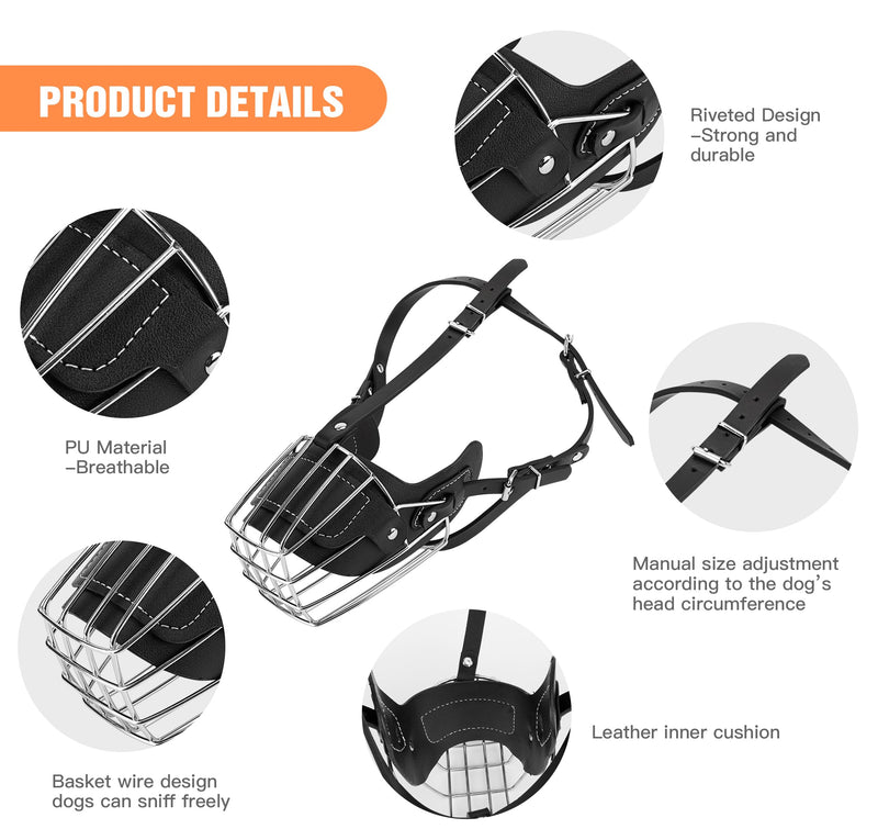 Dog Muzzle, Metal Face Basket Dog Muzzle Breathable Adjustable Leather Leash Suitable for Large Medium Dogs (L) L - PawsPlanet Australia