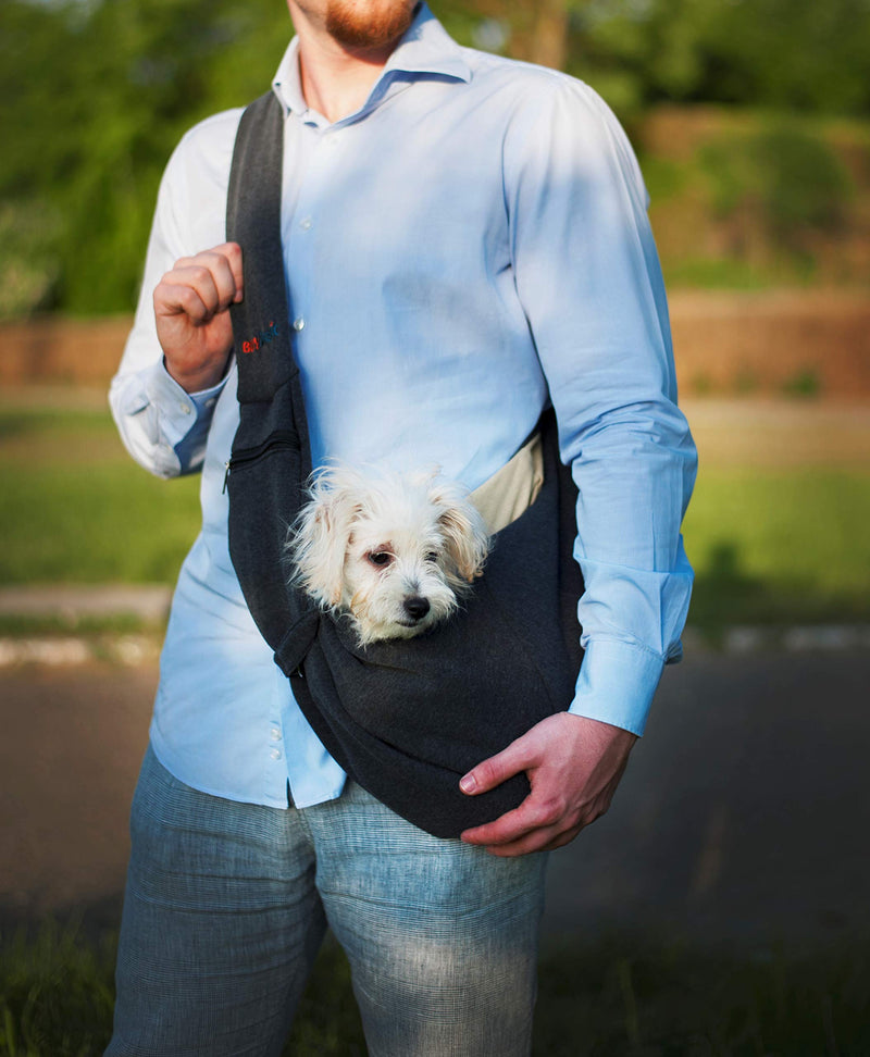 BUDDY TASTIC Pet Sling Carrier - Reversible and Hands-Free Dog Bag with Adjustable Strap and Pocket - Soft Puppy Sling for Pets up to 13 lbs Black/Beige - PawsPlanet Australia