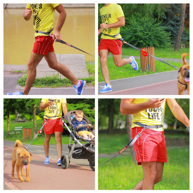 [Australia] - TAKE YANKEE Hands Free Dog Leash + Training Running Walking Leash & Double Leash Set, Fits 2 Dogs + Reflective Leash • Adjustable Waist Belt + Strong Bungee Leash + Poop Bag Holder TWO Dogs RED 