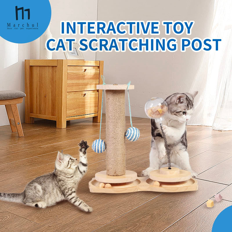 Marchul Interactive Wooden Cat Toy, 4 in 1 Cat Toy with Hanging Ball, Cat Sisal Rope Scratching Post, Cat Intelligence Toy with Rotating Ball - PawsPlanet Australia