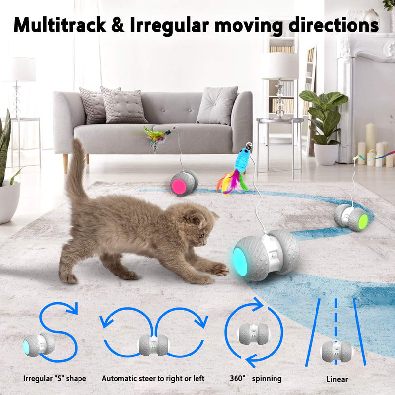 HOFIT Interactive Cat Toys For Indoor Cats, Irregularly Move Cat Ball Toys For Kitten/Cats, Robotic Cat Toy with Led Light/Feathers/Ribbon/Mouse Toys, Floors/Carpet Available, USB Charging - PawsPlanet Australia