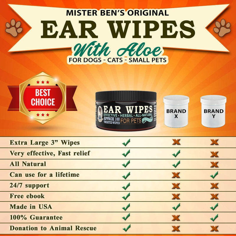 [Australia] - MISTER BEN'S Original XXL Treated Ear Cleaner Wipes w/Aloe for Dogs, Cats Small Pets – Most Effective Wipes Soothe & Clean Odors, itching, and irritations – Approx 100 Extra Large 3" Pads 