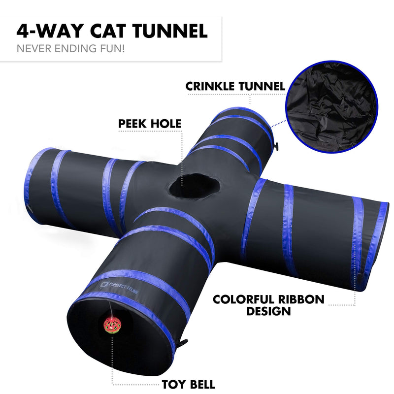 [Australia] - Purrfect Feline Cat Tunnel Design, Collapsible 4-Way Cat Tunnel Toy Crinkle (Medium Large Sizes) Dark Blue 