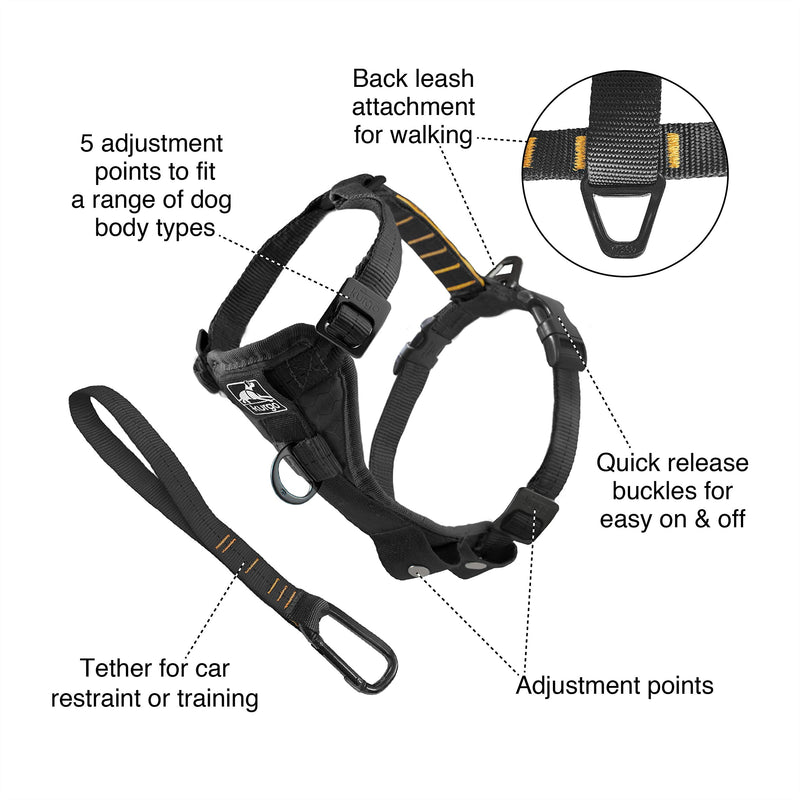 Kurgo Tru-Fit Smart Dog Walking Harness, Quick Release Buckles, No-Pull Training Clip, Includes Seat Belt Tether, Extra Small-Black X-Small - PawsPlanet Australia