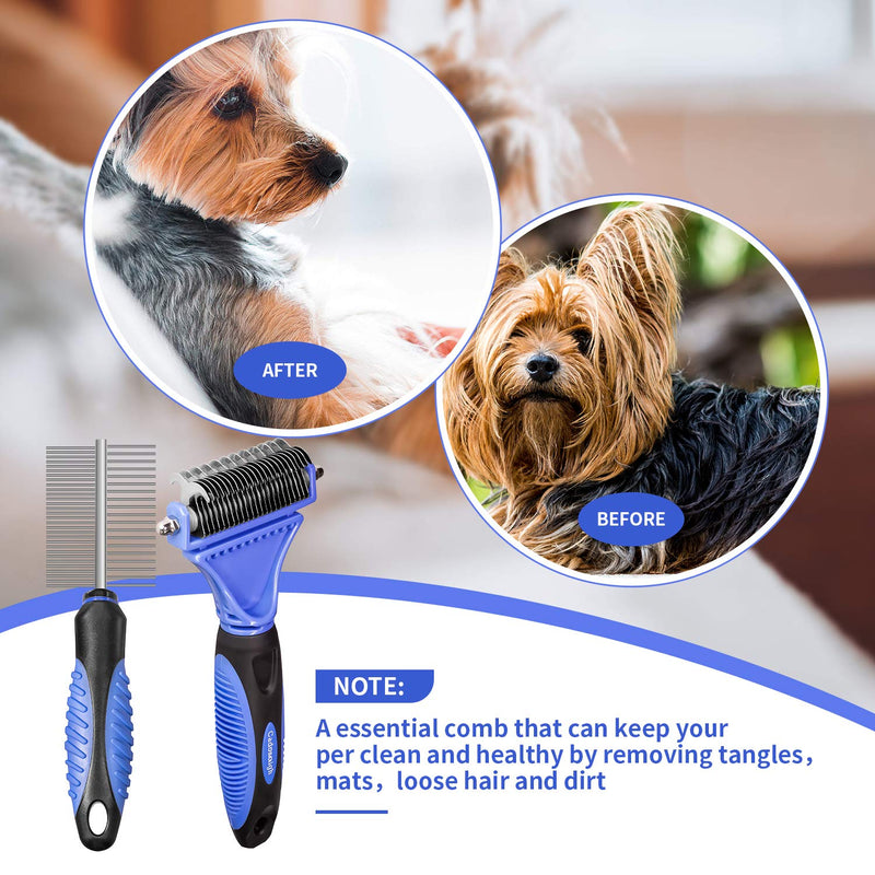 Cadosoigh Pet Dematting Comb Grooming Tool Kit for Dog Cat Double Sided Blade Rake Comb with Grooming Brush removes Loose Undercoat, Knots, Mats and Tangled Hair - PawsPlanet Australia
