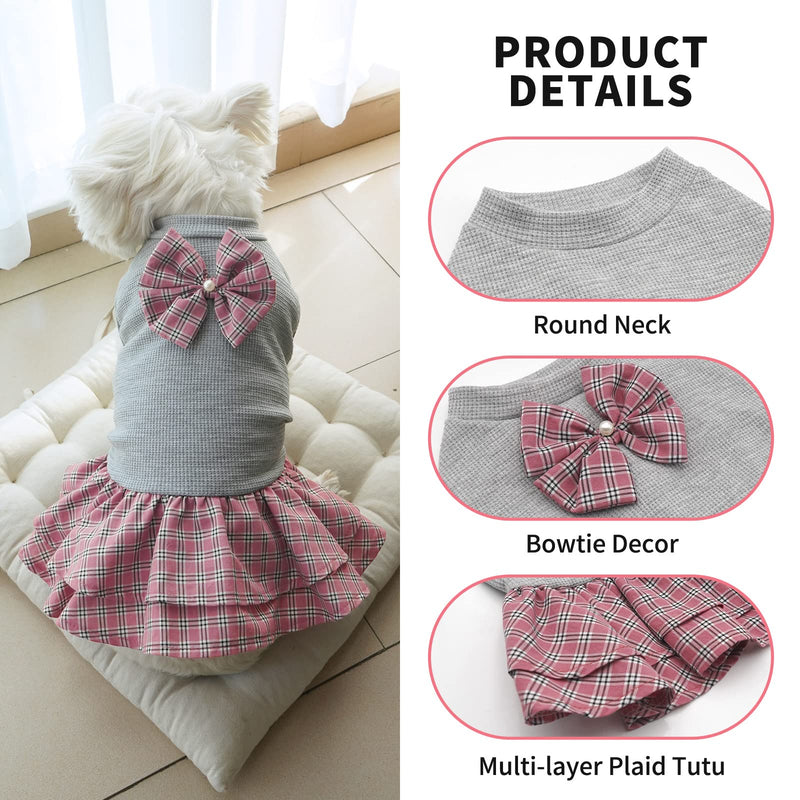 KYEESE Dog Dress Plaid with Bowknot Light Weight Pet Apparel for Small Dogs Cats Puppy Dog Outfits, Grey L Large - PawsPlanet Australia