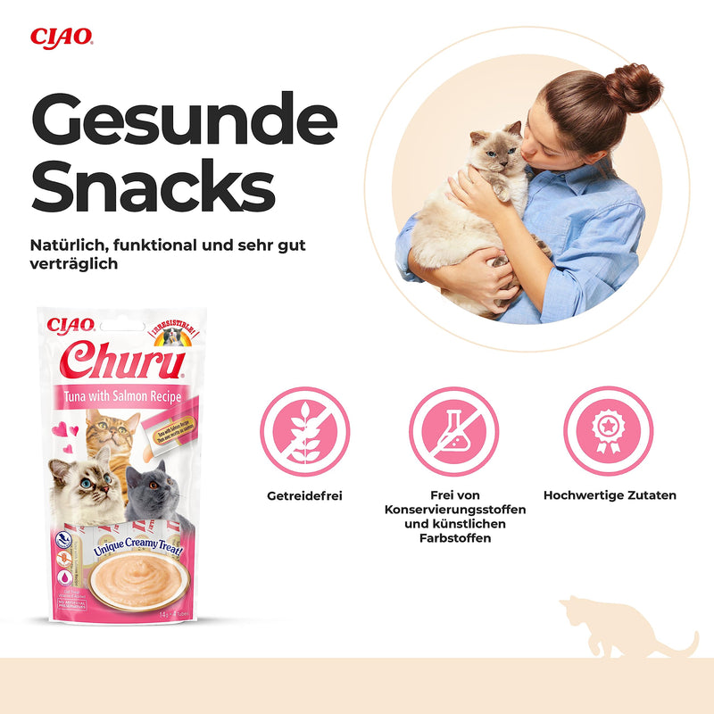 INABA Churu Puree Cat Treats - Cat Paste for Hand Feeding - Delicious Cat Snacks for Licking - Cat Sticks with Tuna and Salmon - 1 Pack / 4 Sticks Churo Puree - PawsPlanet Australia