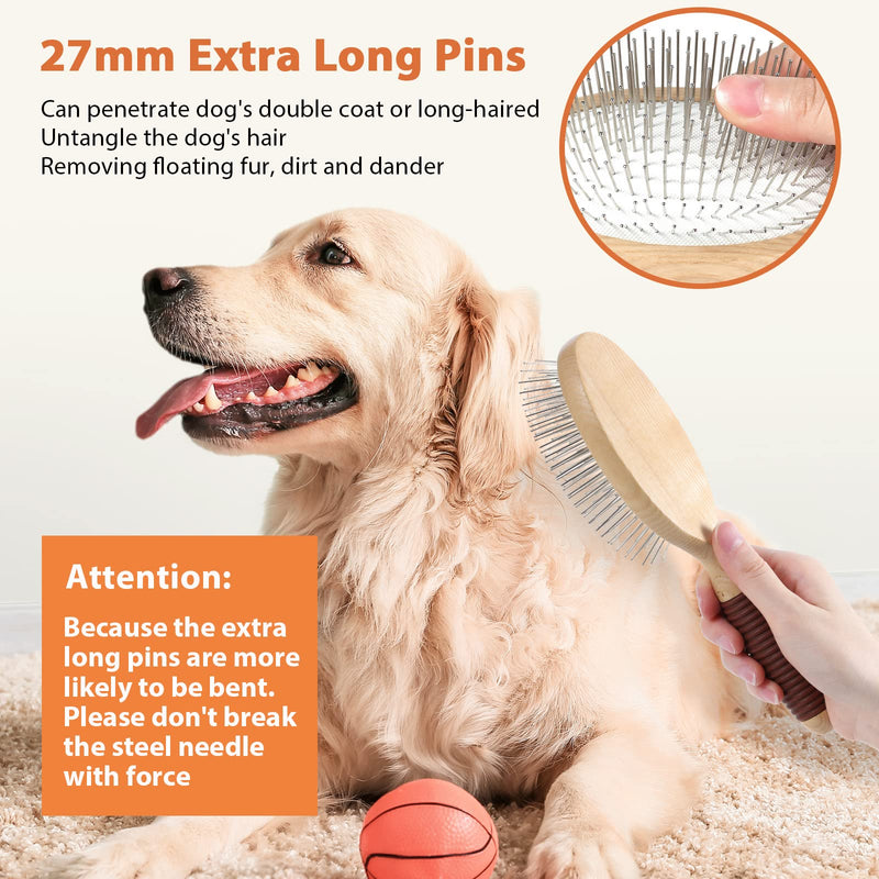 BasicForm Dog Brush, Pin Brush for Dogs with 27mm Extra Long Stainless Steel Pins, Dog Pin Brush for Longhaired Dogs, Dog Grooming Brush - Ash Wood Material, Non-Slip Rubber Handle, Round-Tipped Pins - PawsPlanet Australia