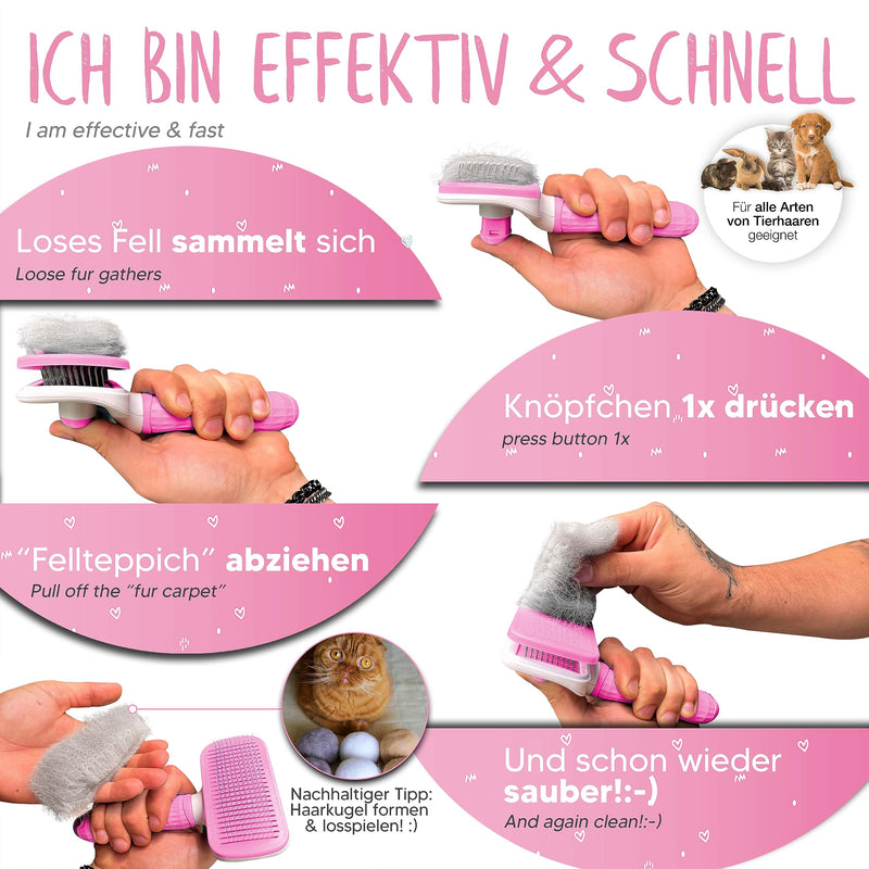 LÖWENKÖNIG® BÜRSTINATOR 2.0 Premium Cat Brush & Dog Brush Self-Cleaning for Short-Hair & Long-Hair Animals I Pet Brush Large, Fur Brush Removes Loose Undercoat & Matted Dog & Cat Hair Pink + Plush Balls & Accessories - PawsPlanet Australia