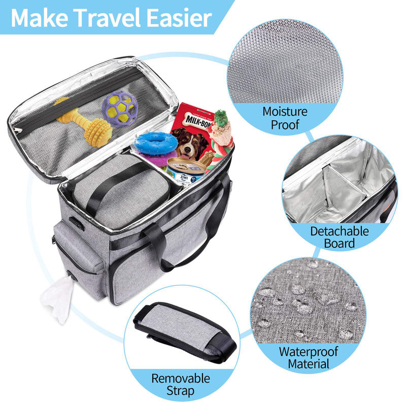 PUEIKAI Dog Travel Bag, Airline Approved Pet Tote Organizer with Multi-Function Pockets, Accessories Set Includes Shoulder Strap, 2 Food Storage Containers, 2 Foldable Bowls Grey - PawsPlanet Australia