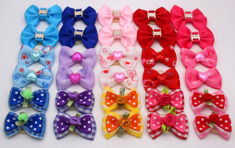 YOY Adorable Grosgrain Ribbon Pet Dog Hair Bows with Elastic Rubber Bands - Doggy Kitty Topknot Grooming Accessories Set for Long Hair Puppy Cat 30 pcs 1.5" Bows 3 Style - PawsPlanet Australia